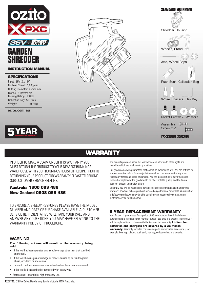 Page 1 de la notice Manuel utilisateur Ozito PXGSS-3625