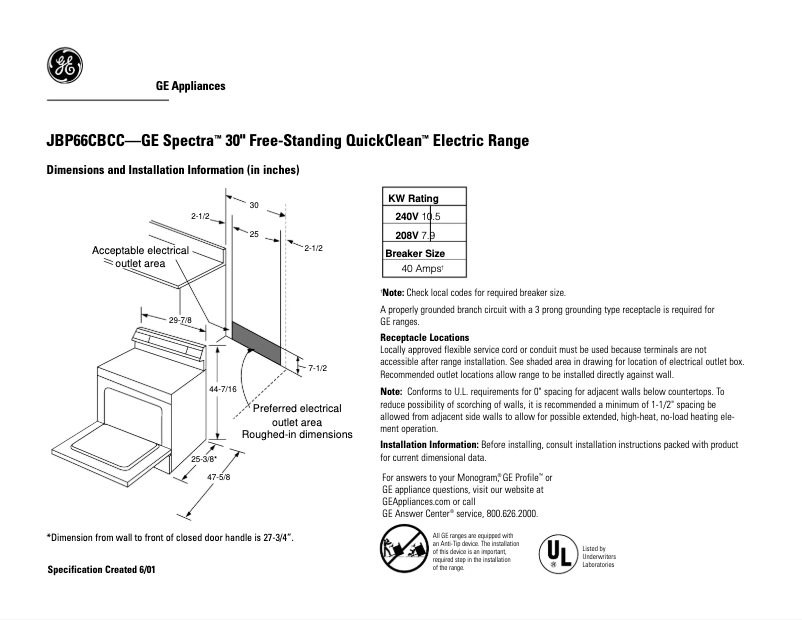 Page n°1 - Fiche technique GE Spectra JBP66CBCC