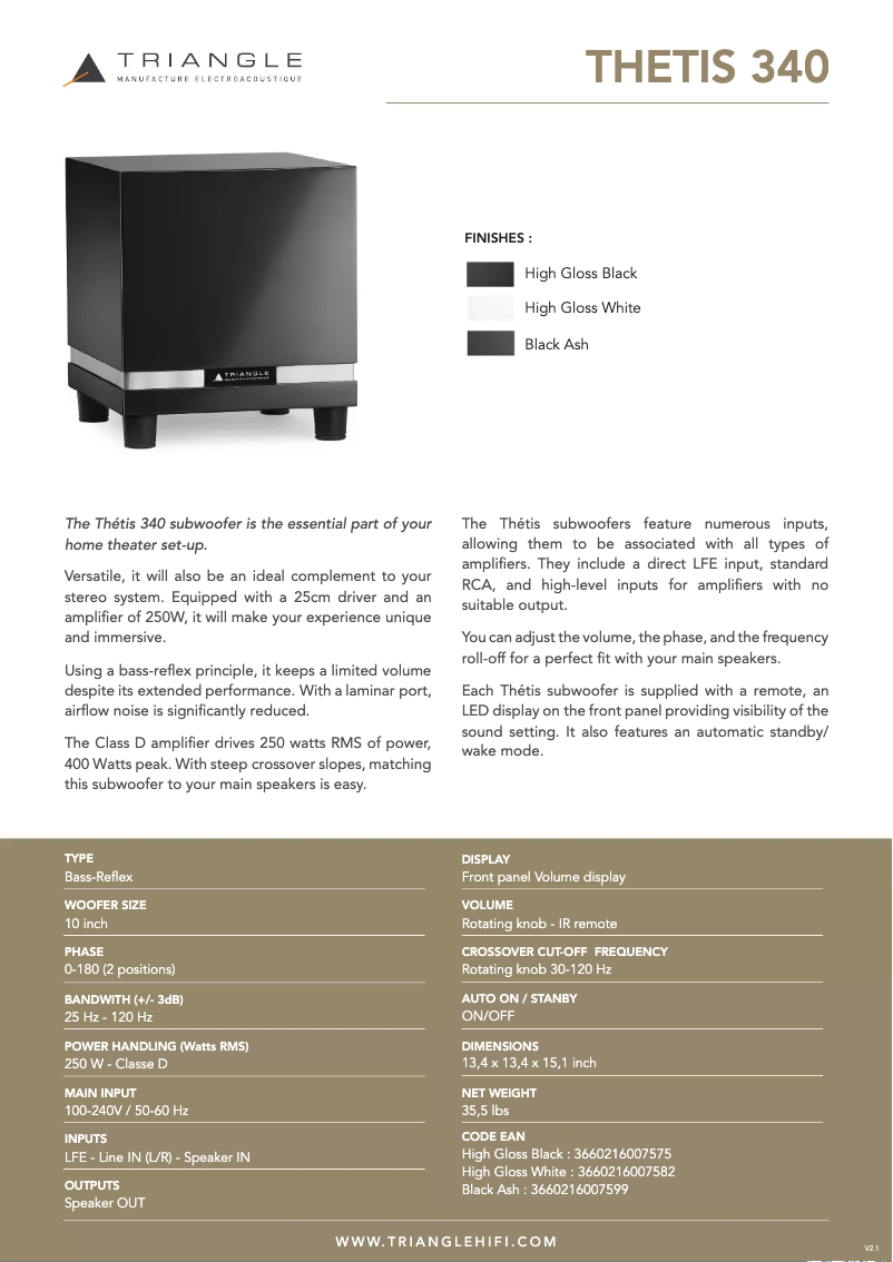 Page 1 of the manual Technical Sheet Triangle THETIS 340