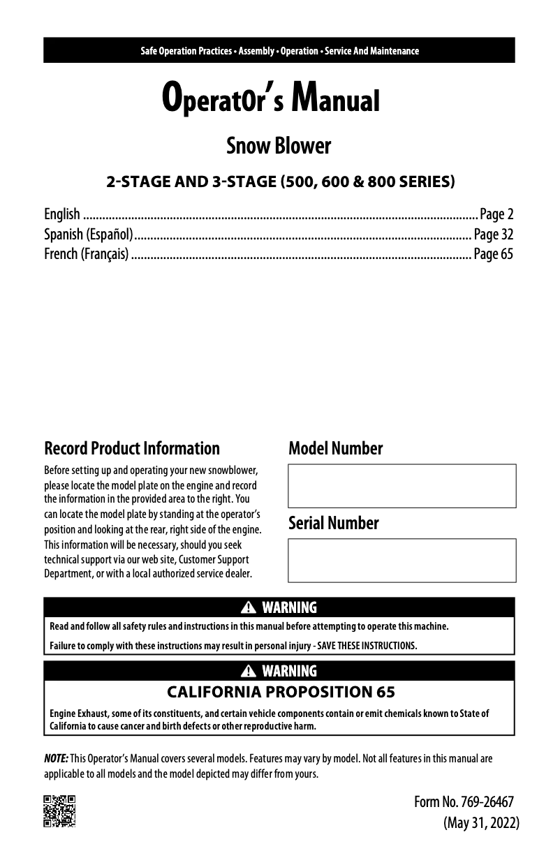 Page 1 de la notice Manuel utilisateur Troy-Bilt Arctic Storm 3010 XP