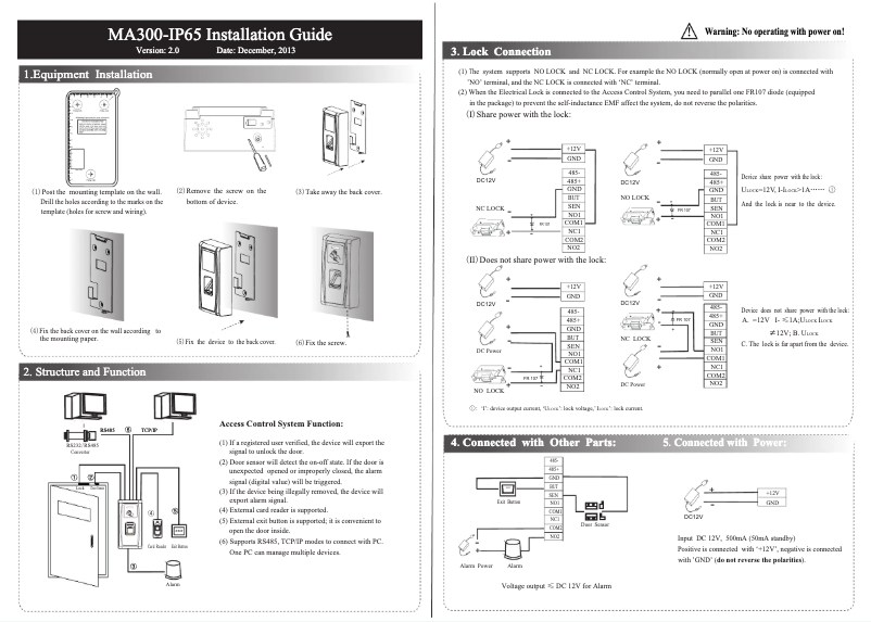 Page 1 de la notice Guide d'installation ZKTeco MA300