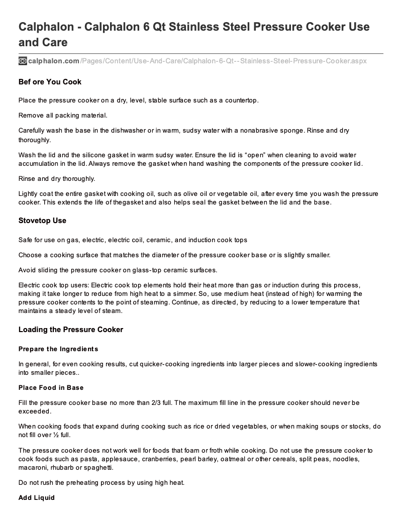 Page 1 de la notice Manuel utilisateur Calphalon 6 Qt