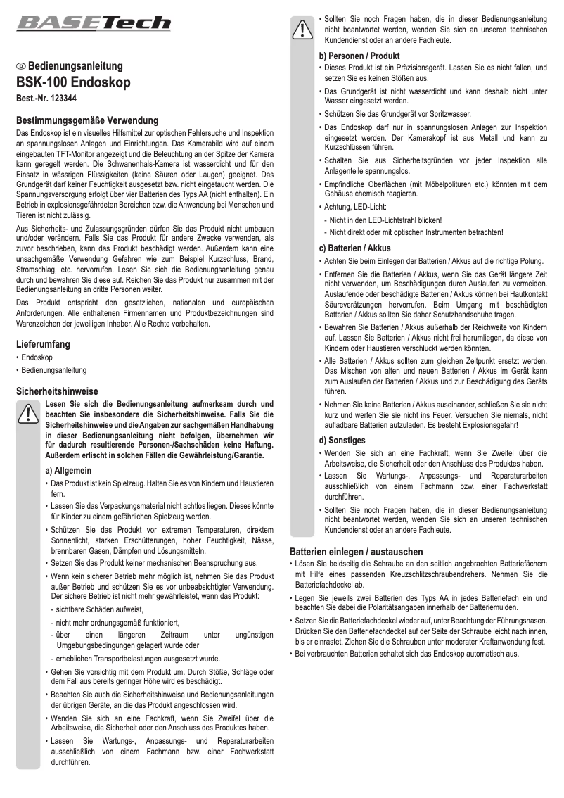 Page 1 de la notice Manuel utilisateur BaseTech BSK-100