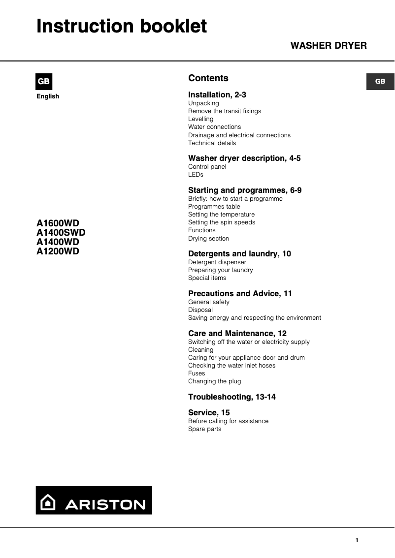 Page 1 de la notice Manuel utilisateur Ariston Thermo A1600WD