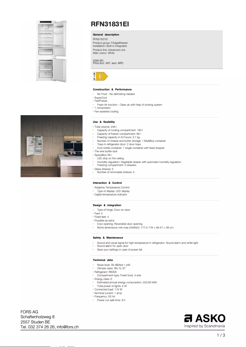 Page 1 de la notice Fiche technique Asko RFN31831EI