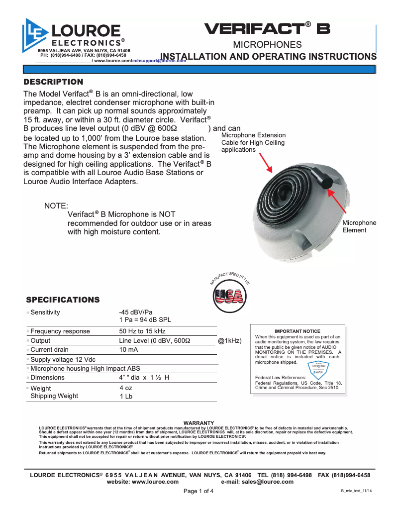 Page 1 of the manual User Manual Louroe Electronics Verifact B