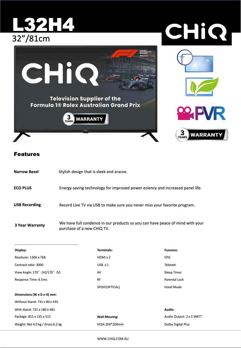 Página 1 del manual Ficha técnica CHiQ L32H4
