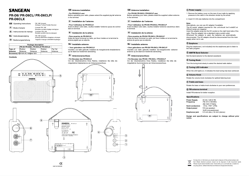 Page 1 de la notice Manuel utilisateur Sangean PR-D6CL