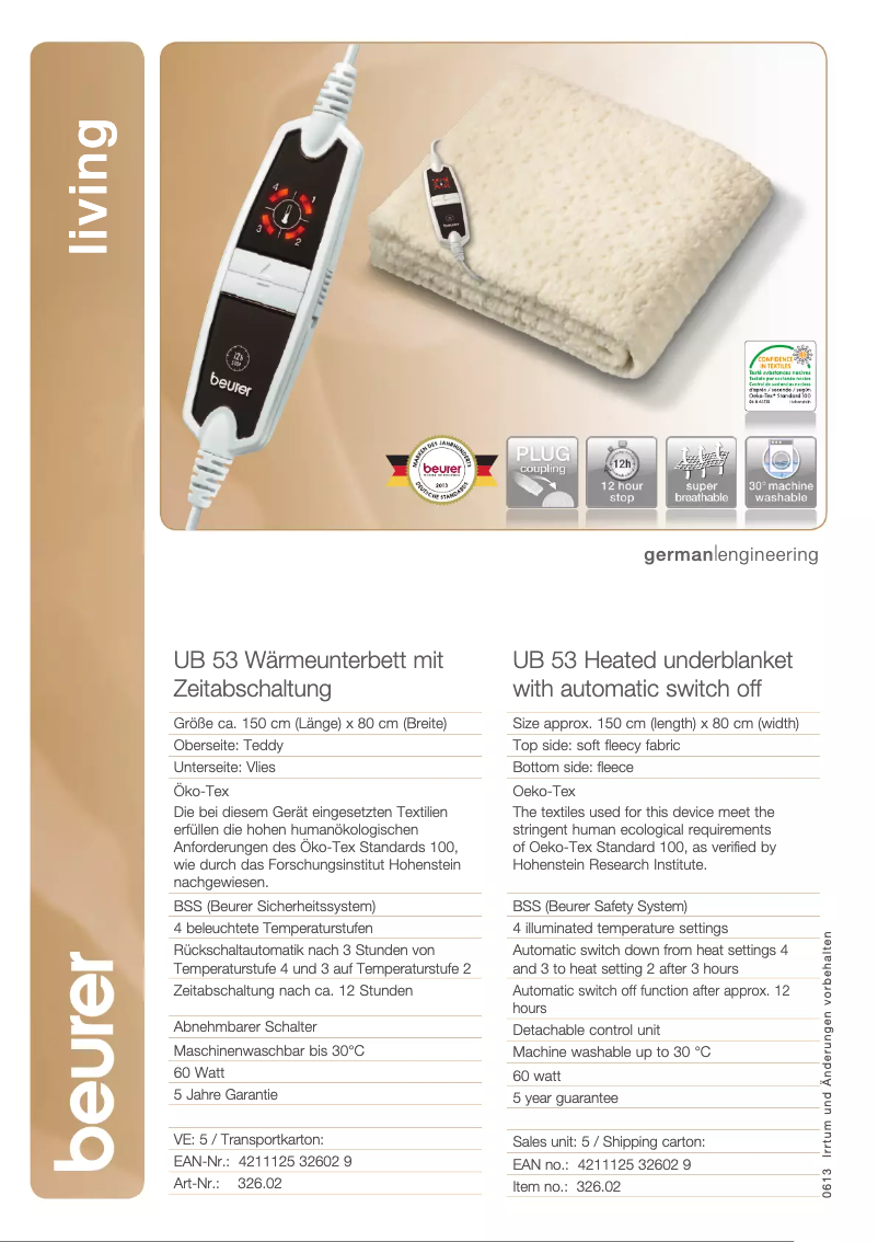 Page 1 de la notice Fiche technique Beurer UB 53 Teddy Single