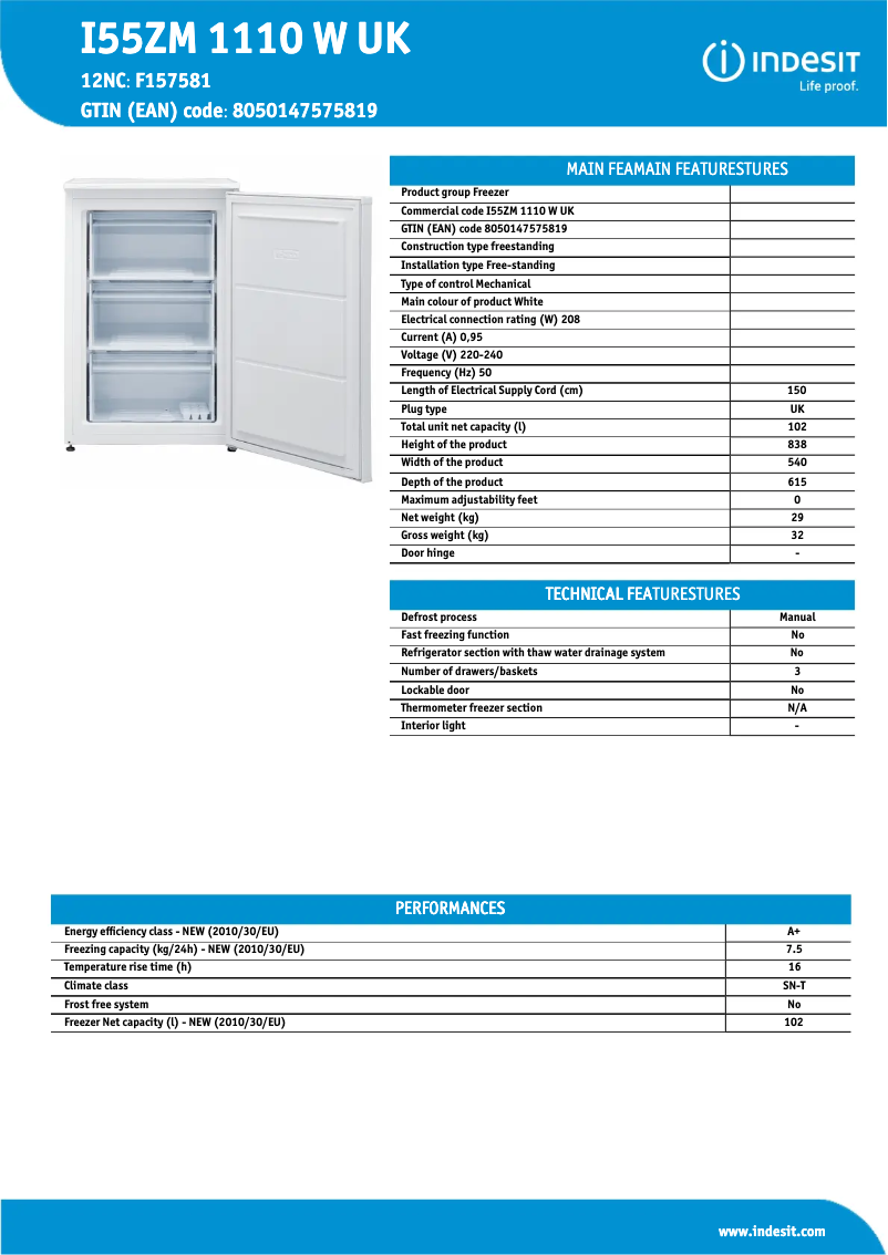 Page n°1 - Fiche technique Indesit I55ZM 1110 W UK