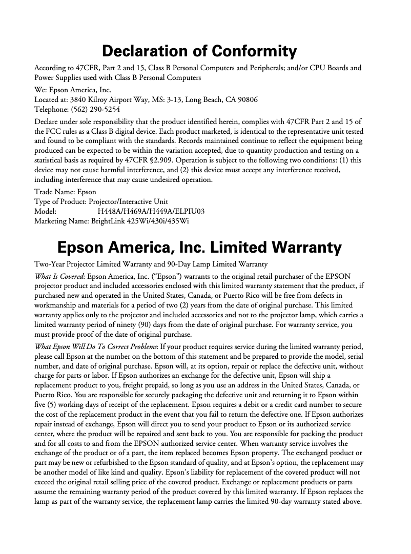 Página 1 del manual Información de garantía Epson BrightLink 435Wi