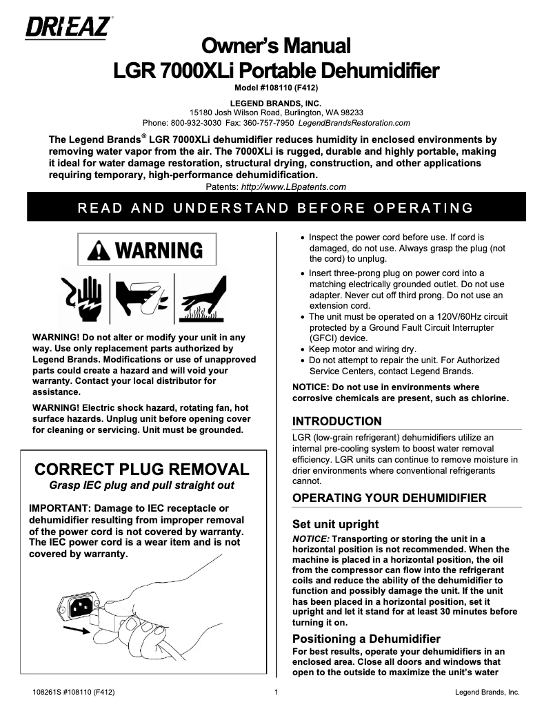 Page 1 de la notice Manuel utilisateur Dri Eaz LGR 7000XLi