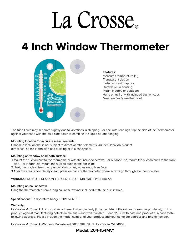 Page 1 de la notice Manuel utilisateur La Crosse Technology 204-154MV1