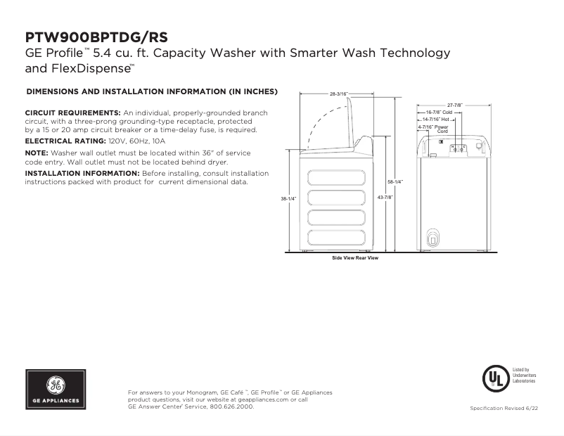 Page 1 of the manual Technical Sheet GE PTW900BPTDG