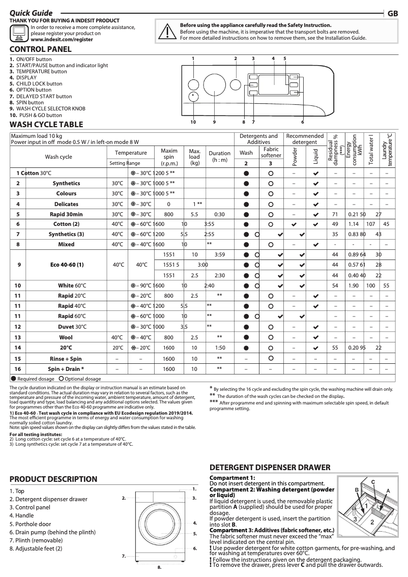 Page 1 of the manual User Manual Indesit BWE 101685X W UK N