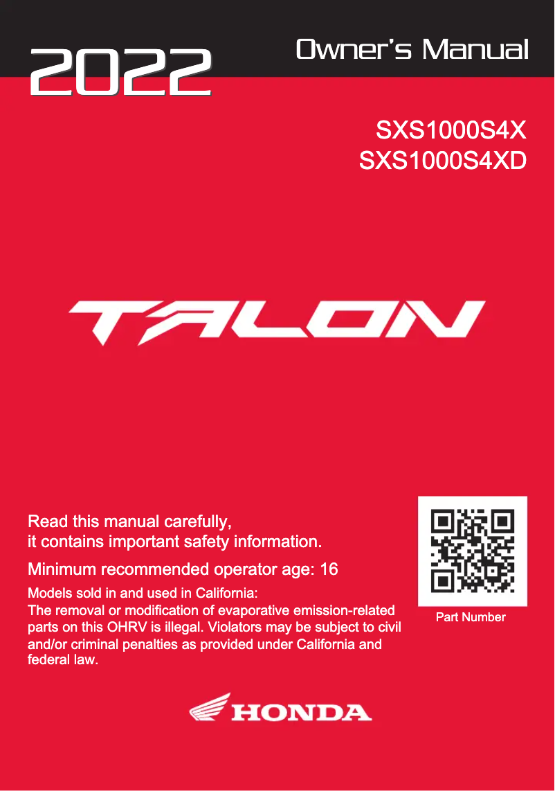 Page 1 de la notice Manuel utilisateur Honda Talon 1000X-4 (2022)