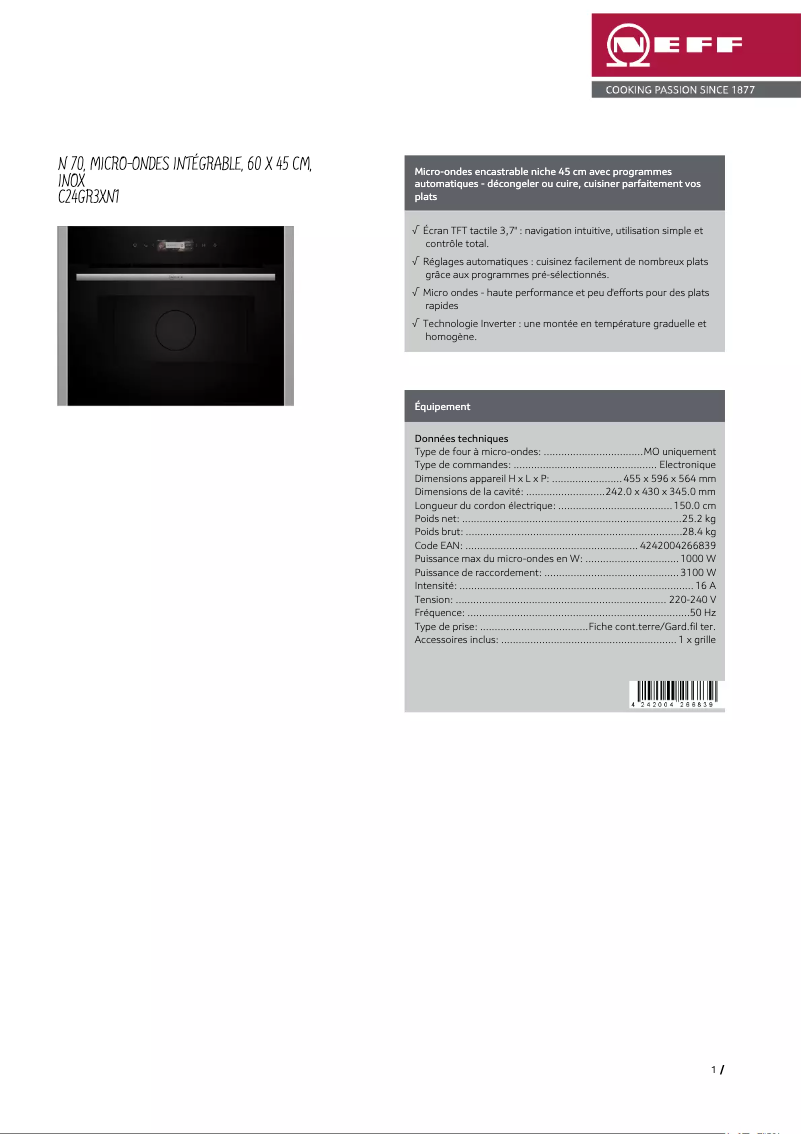 Page 1 de la notice Fiche technique Neff C24GR3XN1