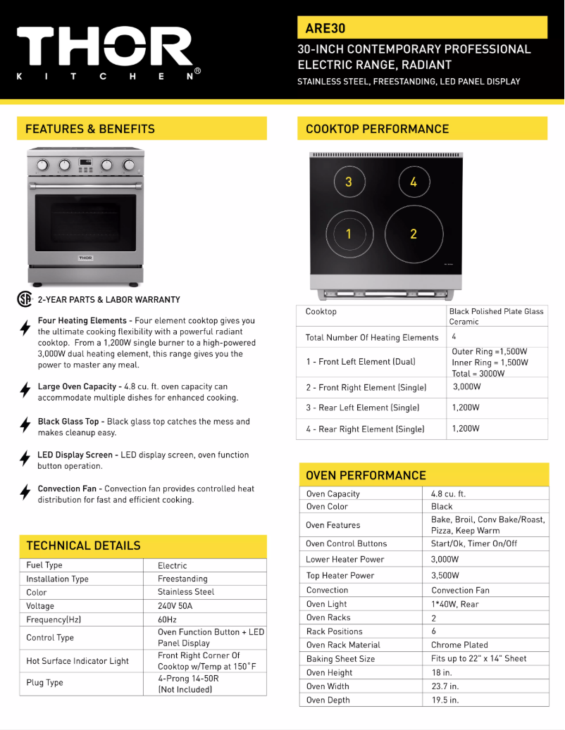 Page 1 de la notice Fiche technique Thor ARE30