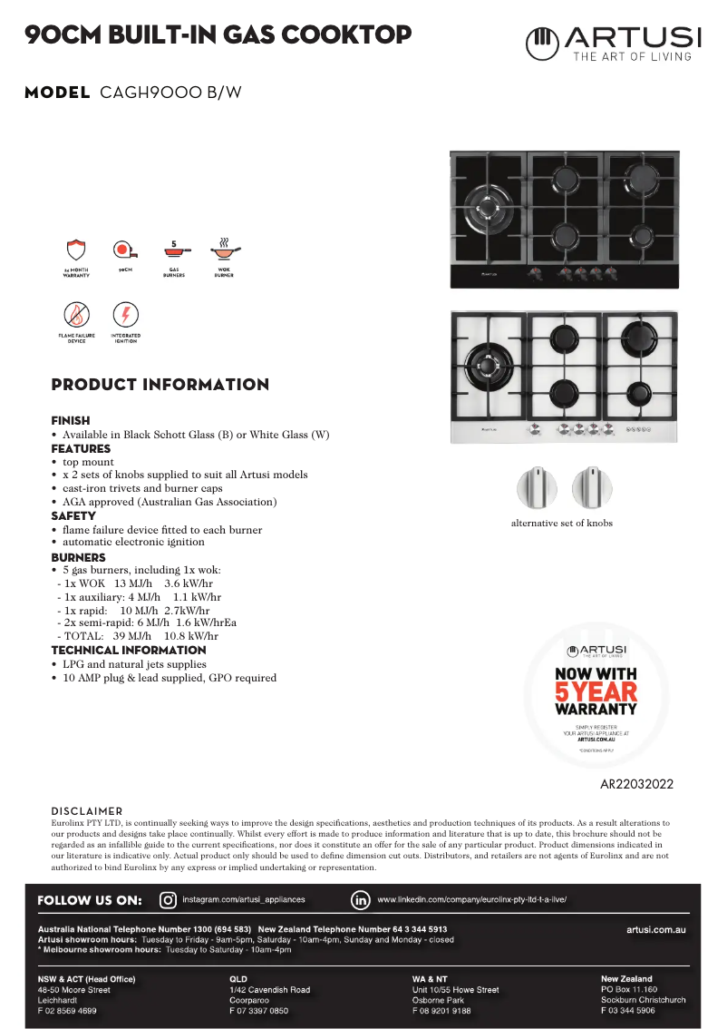 Page 1 de la notice Fiche technique Artusi CAGH9000B