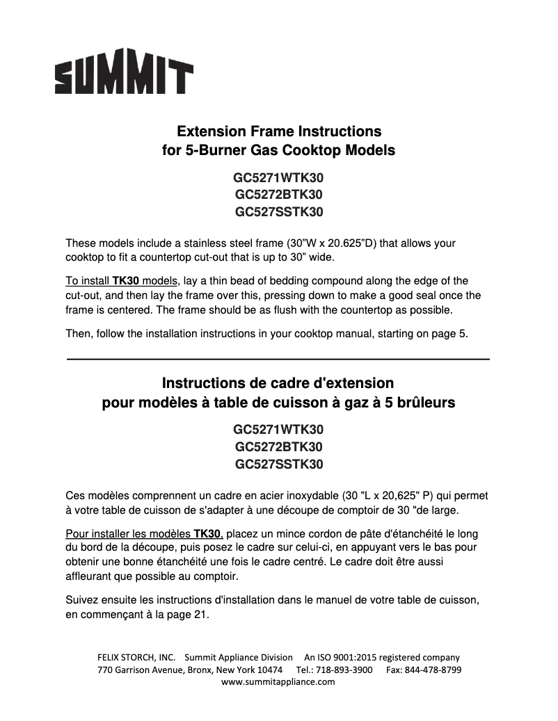 Page 1 de la notice Manuel d'utilisation et d'entretien Summit GC5272BTK30