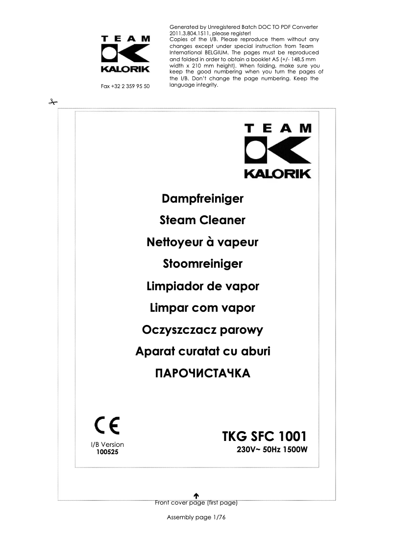 Page 1 de la notice Manuel utilisateur Kalorik TKG SFC 1001