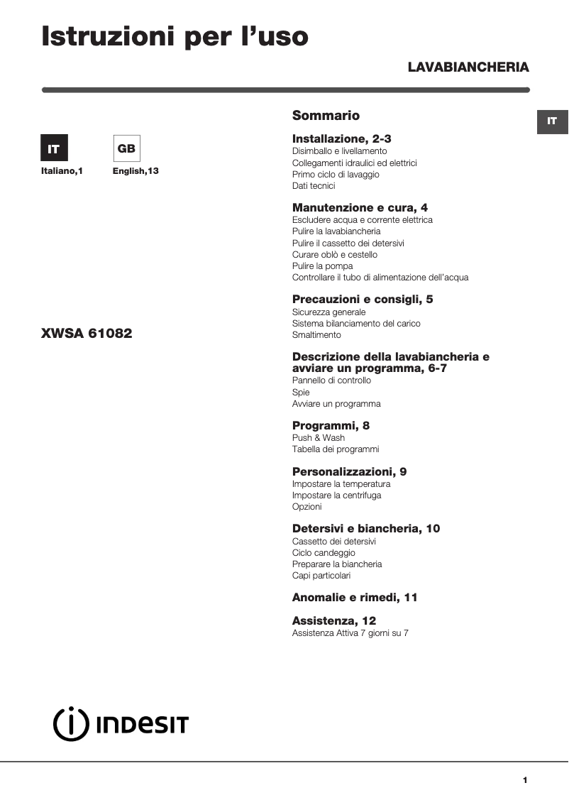 Page n°1 - Manuel utilisateur Indesit XWSA 61082X WWGG IT