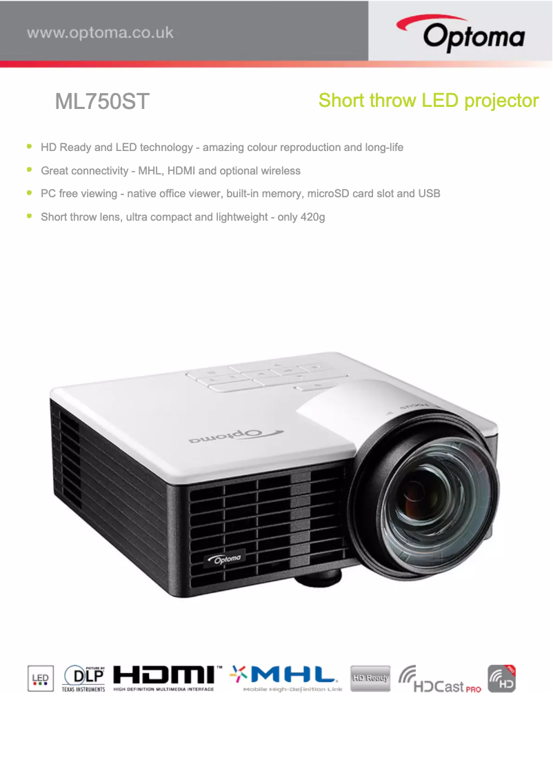 Page 1 de la notice Brochure Optoma ML750ST