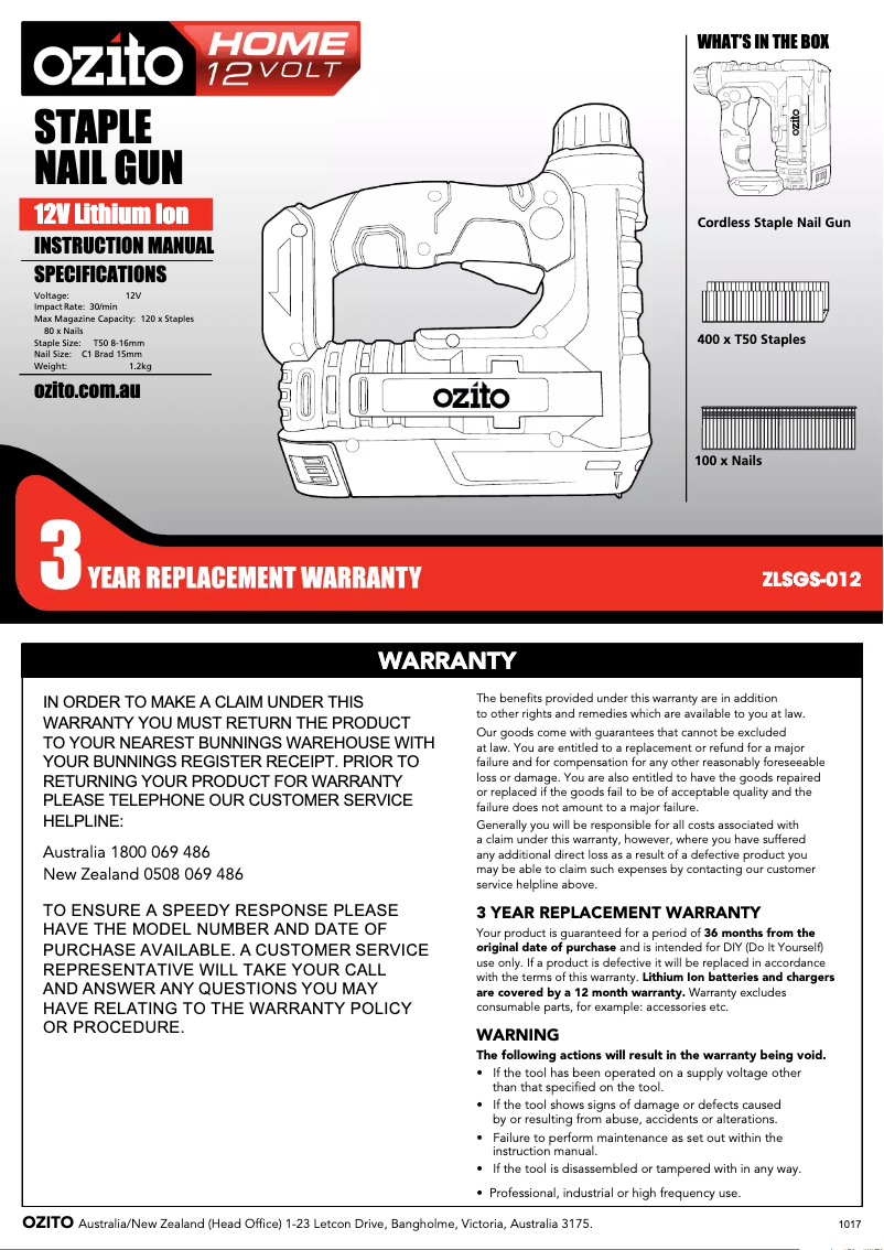 Page 1 de la notice Manuel utilisateur Ozito ZLSGS-012
