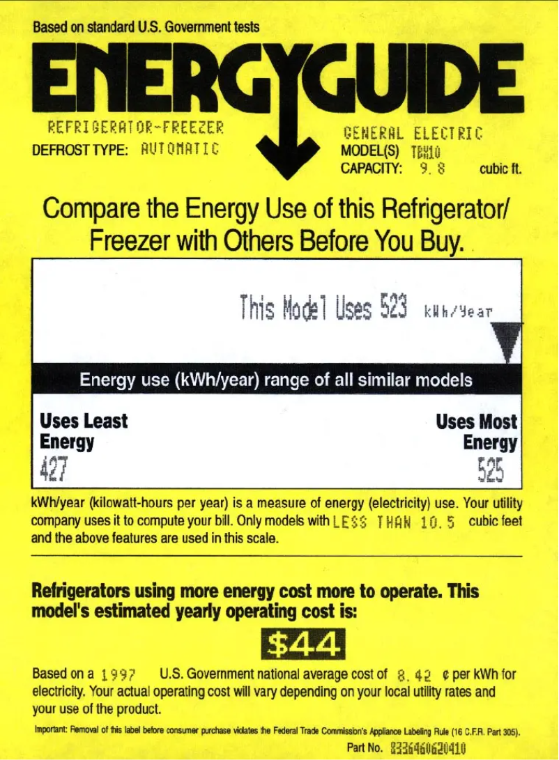 Page 1 of the manual Energy Label GE TBX10SNBRWH