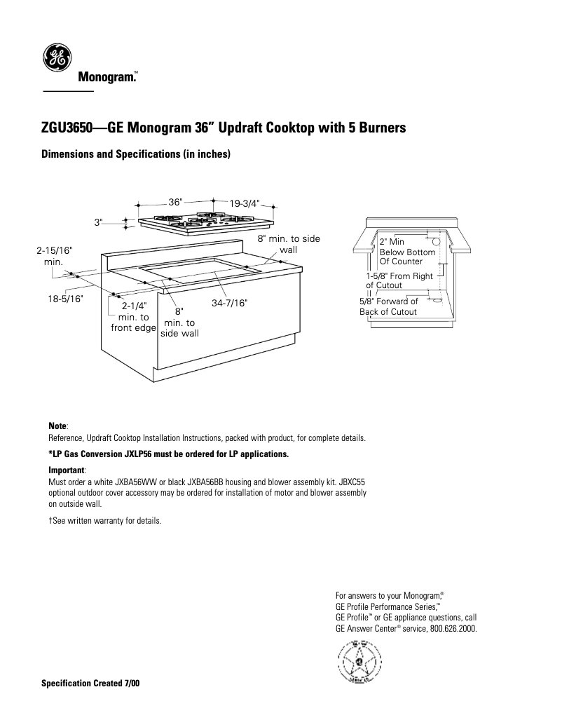 Page 1 of the manual Technical Sheet GE ZGU3650BBBG