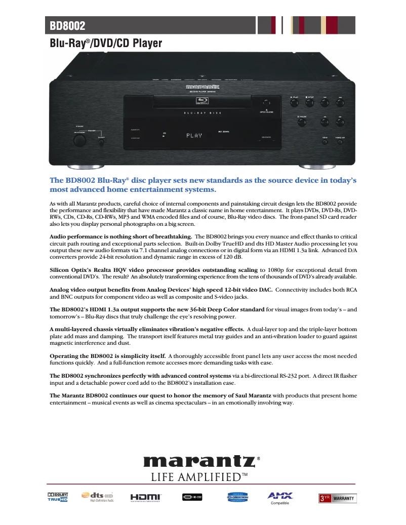 Page 1 de la notice Fiche technique Marantz BD8002