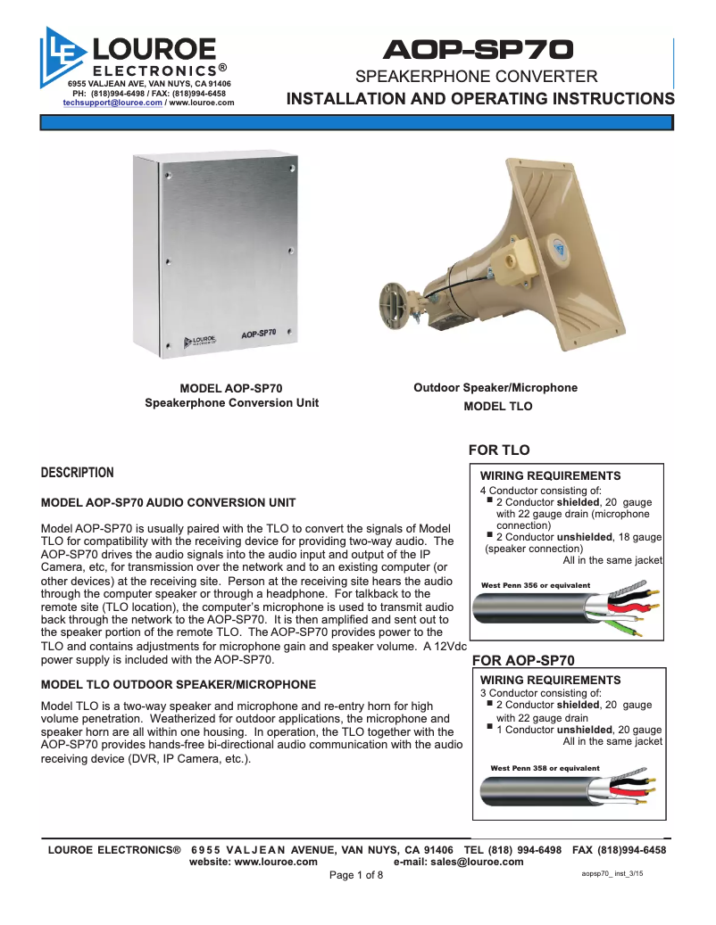 Page 1 of the manual User Manual Louroe Electronics AOP-SP70