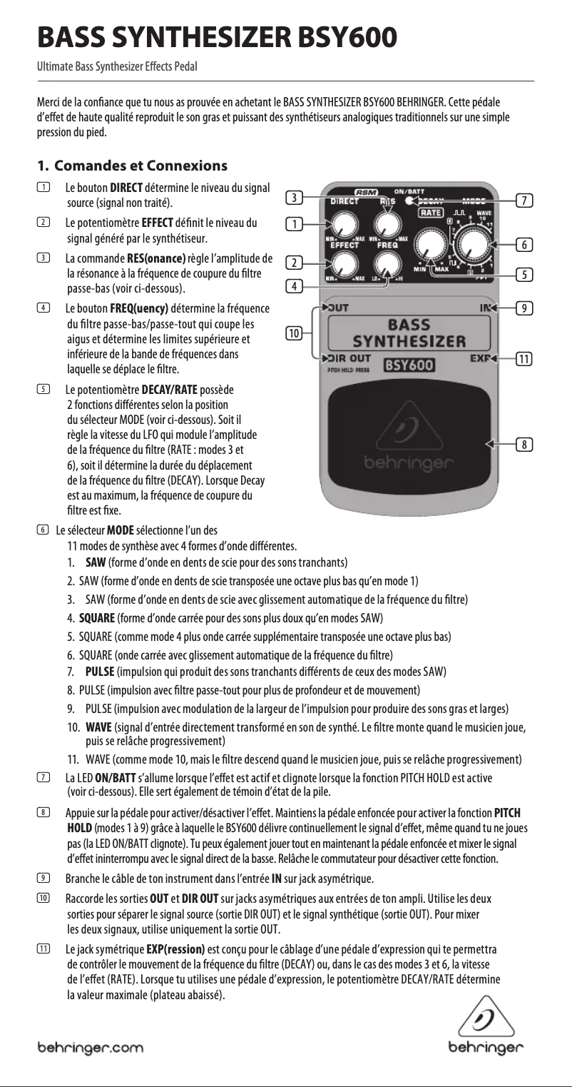 Página 1 del manual Manual de usuario Behringer Bass Synthesizer BSY600