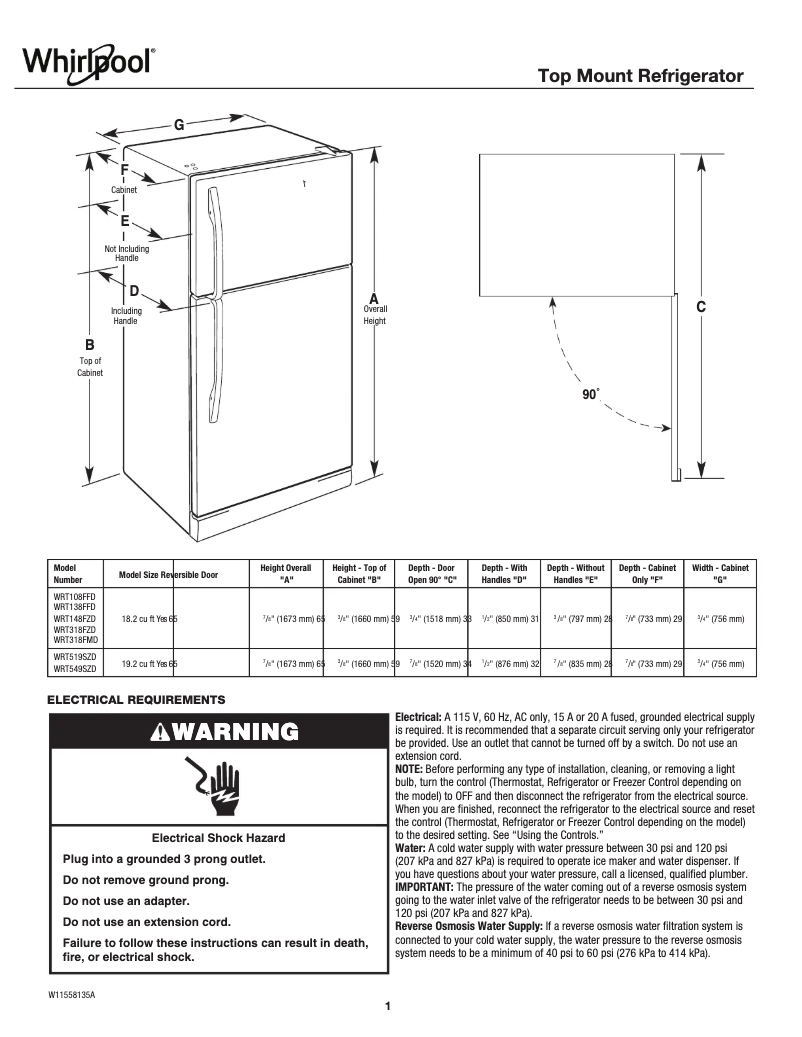 Página 1 del manual Ficha técnica Whirlpool WRT138FFDW
