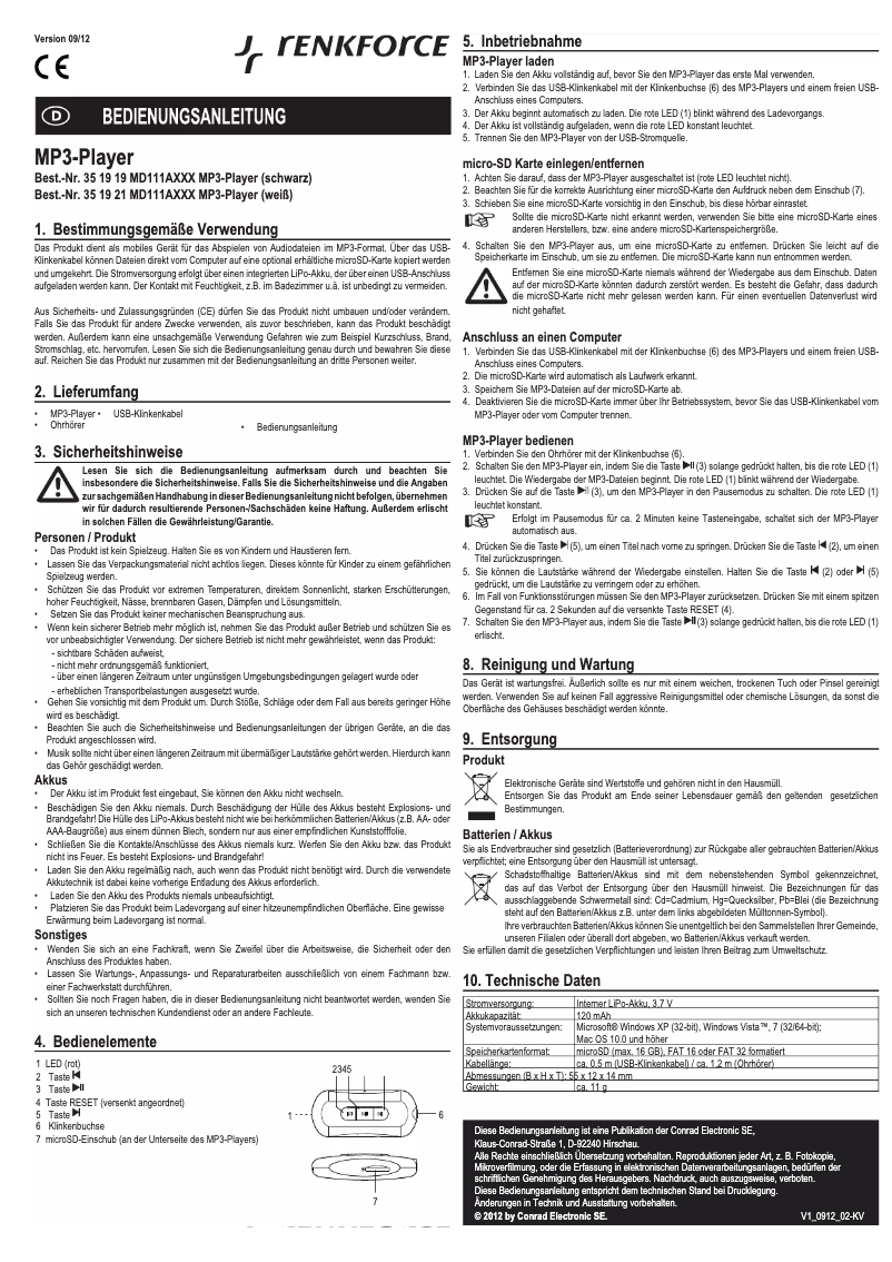 Page 1 de la notice Manuel utilisateur Renkforce MD111AXXX