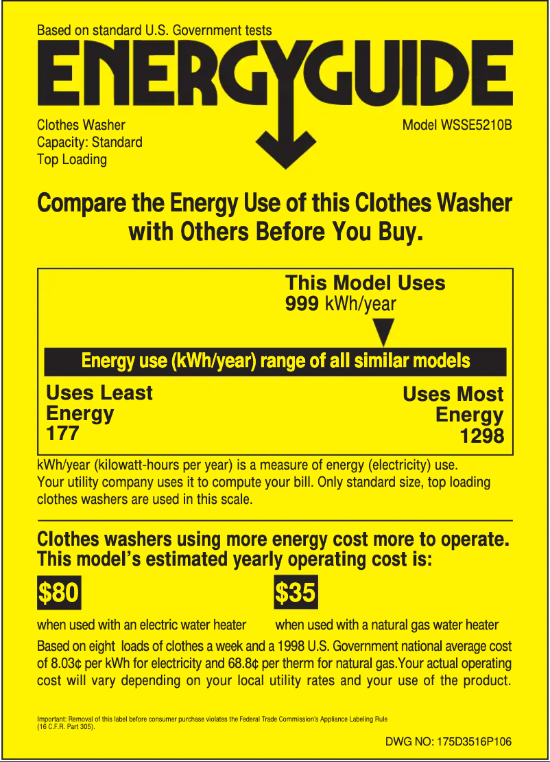 Página 1 del manual Etiqueta energética GE WSSE5210BWW