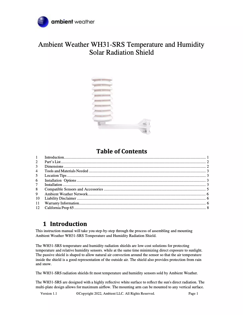 Page 1 de la notice Manuel utilisateur Ambient Weather WH31-SRS
