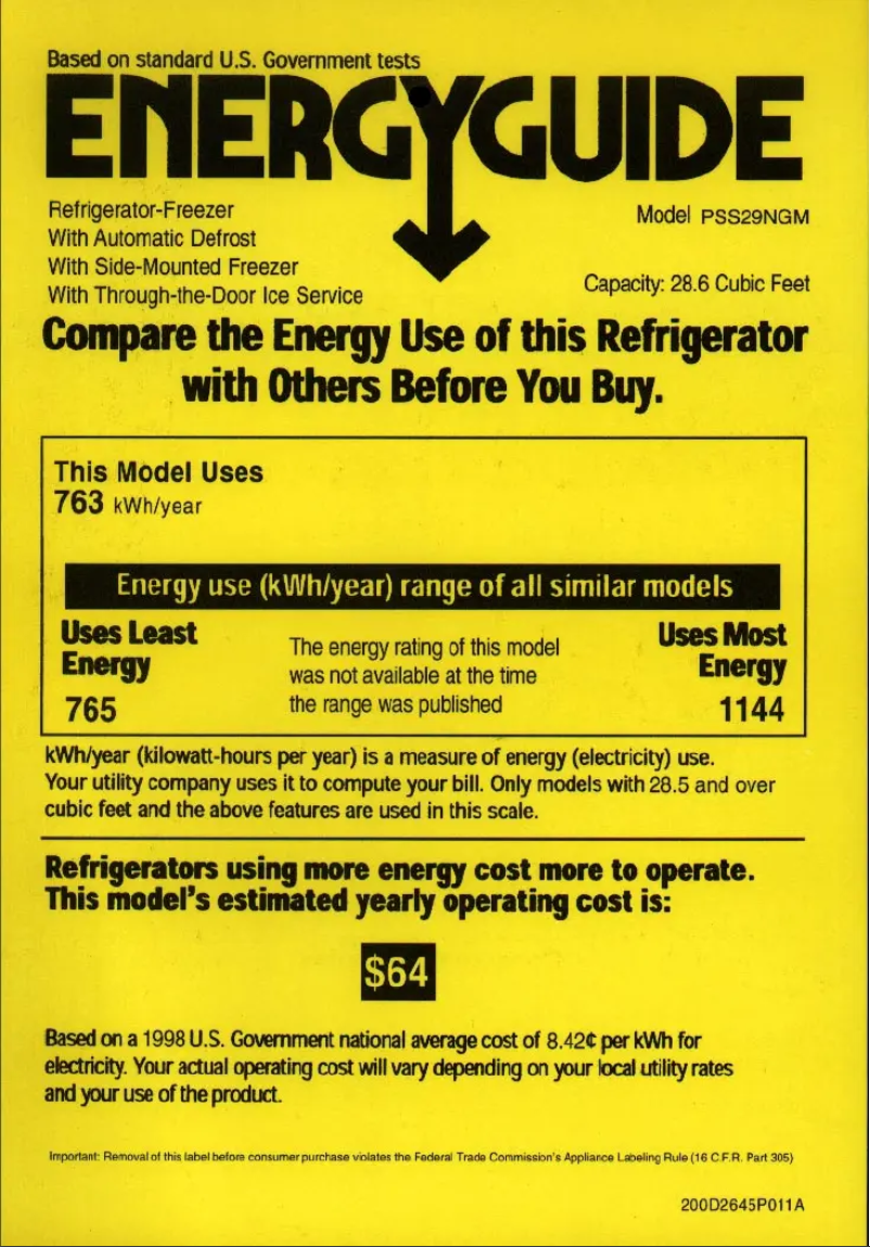 Page n°1 - Label énergétique GE Profile Arctica PSS29NGMBB