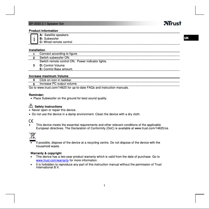 Page 1 of the manual User Manual Trust SP-3050