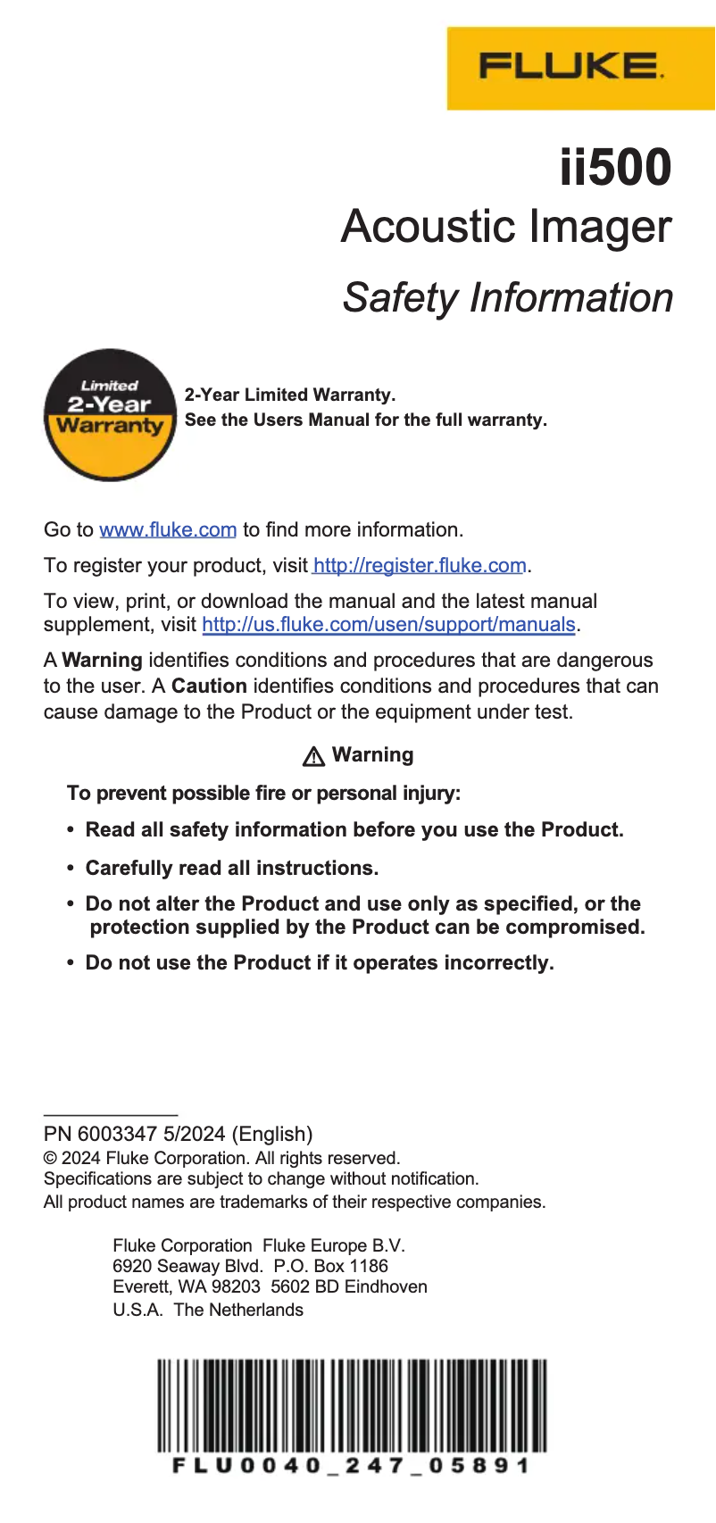 Page 1 de la notice Instructions de sécurité Fluke ii500