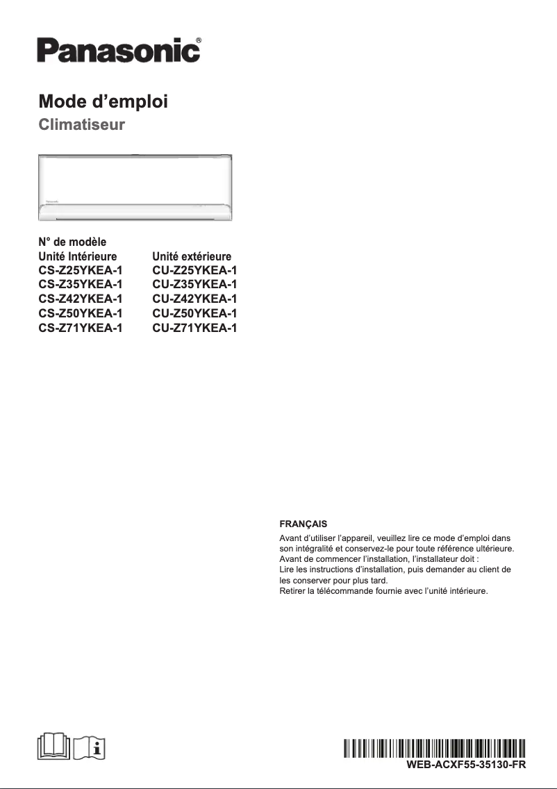 Page 1 de la notice Manuel utilisateur Panasonic CU-Z71YKEA-1