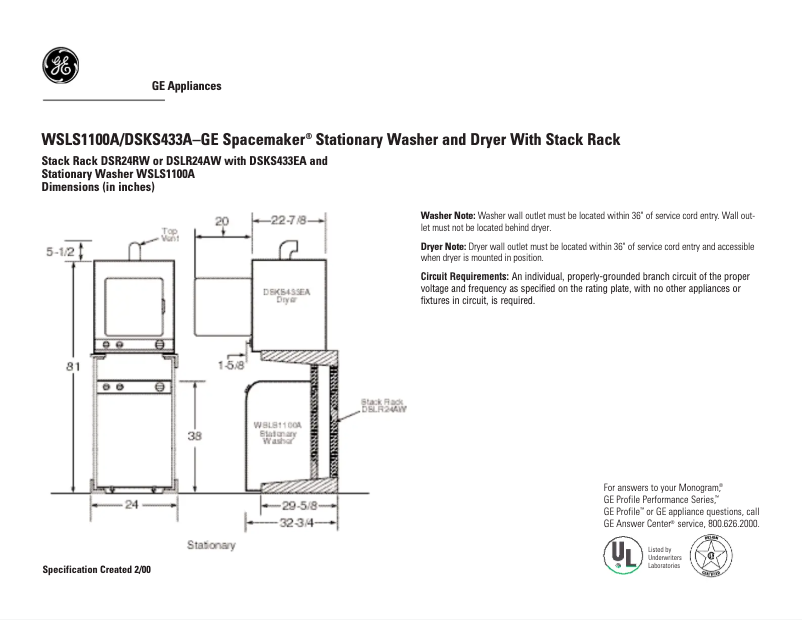 Página 1 del manual Ficha técnica GE WSLS1100AAA
