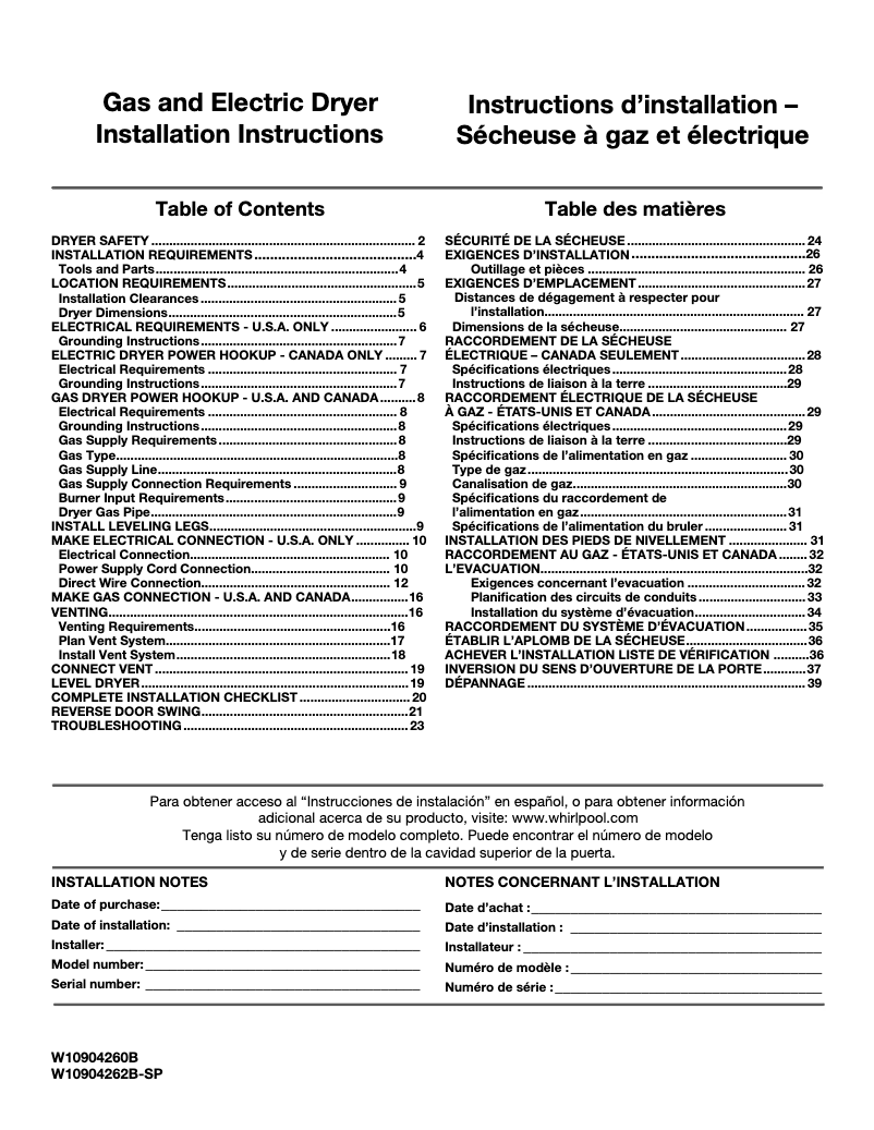 Page 1 de la notice Guide d'installation Whirlpool WED7500G