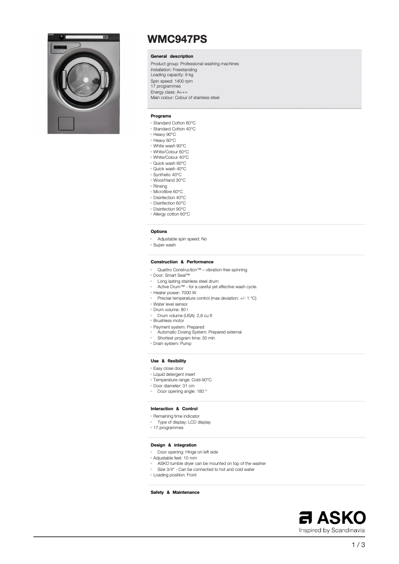Page 1 de la notice Fiche technique Asko WMC947PS