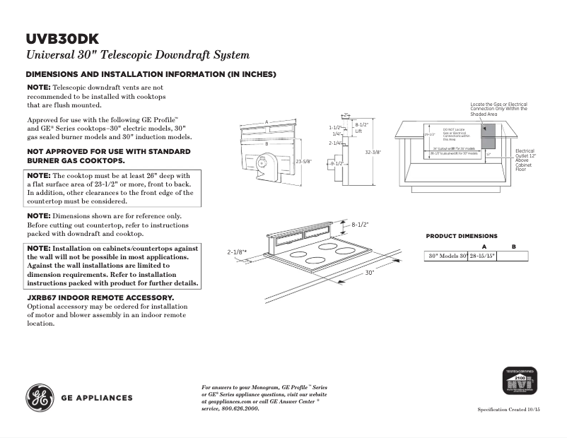 Page 1 de la notice Fiche technique GE UVB30SKSS