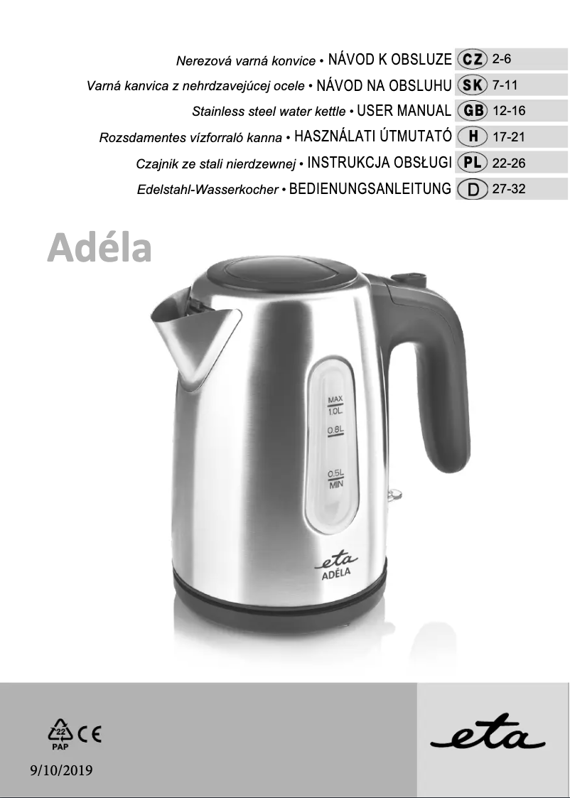 Page 1 de la notice Manuel utilisateur Eta Adéla