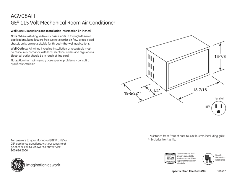 Page 1 de la notice Fiche technique GE AGV08AH