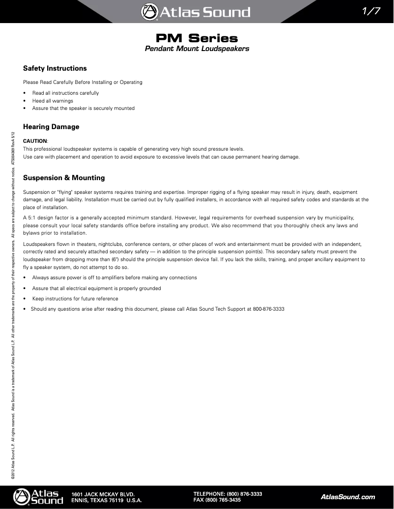 Page 1 de la notice Manuel utilisateur Atlas Sound PM8GD-WH