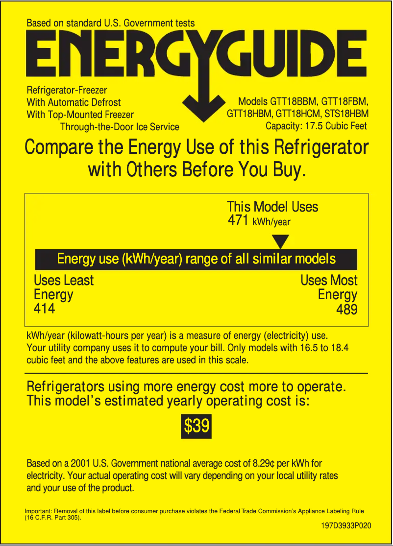 Page n°1 - Label énergétique GE GTT18HCMWW