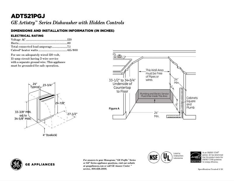 Page 1 of the manual Technical Sheet GE Artistry ADT521PGJWS
